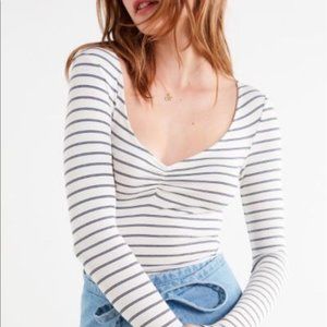 NWOT UO Kylie Plunging Long Sleeve Tee, Blue White Strip -  M